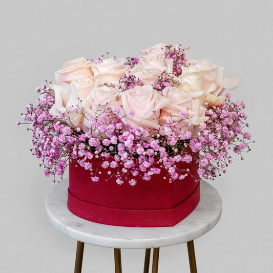 Blush Roses in a Heart-shaped Box BUDS&PETALS